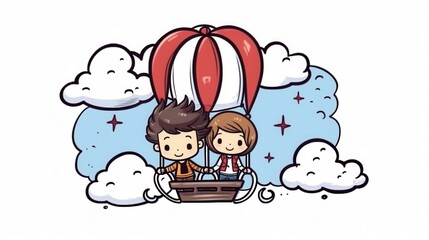 Fototapeta premium Two young friends, a boy and a girl, happily floating in a colorful hot air balloon among fluffy clouds.