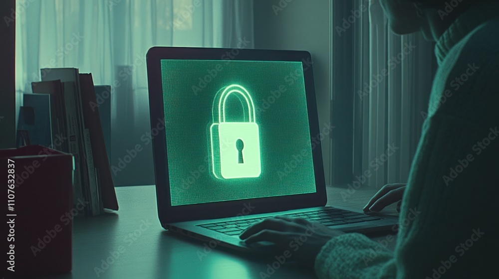 Poster a person using a laptop displaying a digital padlock symbol, indicating security.