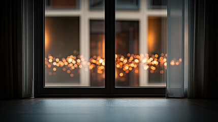 Fototapeta premium Silent night sky view through a window frame with glowing lights in the distance