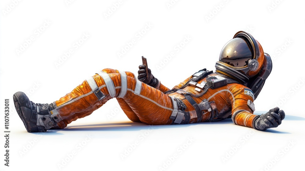 Poster an astronaut in an orange suit lies relaxed, using a phone in a minimalist environment.