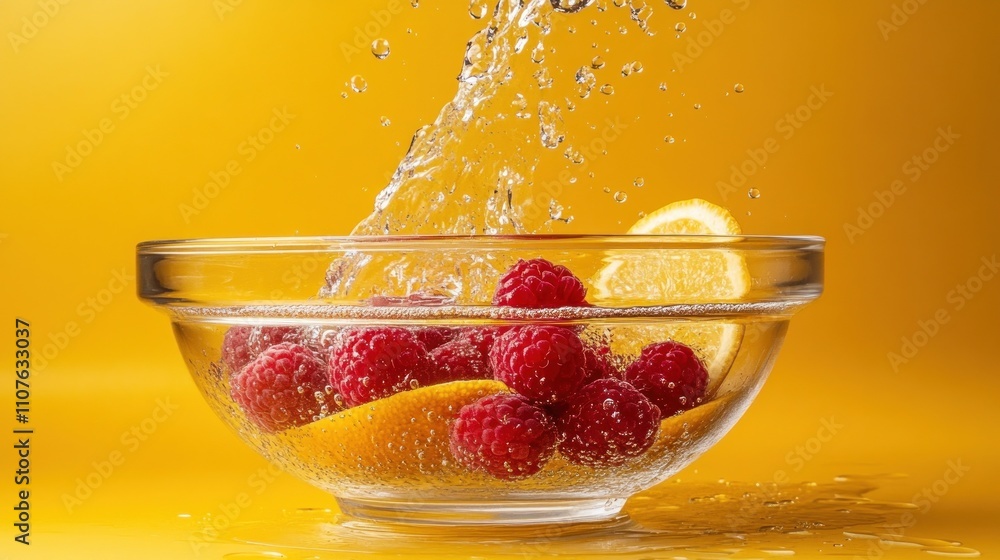 Poster Fresh raspberries and lemon slices splash into a clear bowl, creating a vibrant, refreshing scene.