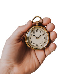 Hand holding stopwatch indicating time management isolated on transparent background