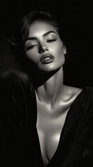 Black-and-White High-Contrast Photograph of Exotic Woman in Dramatic Pose