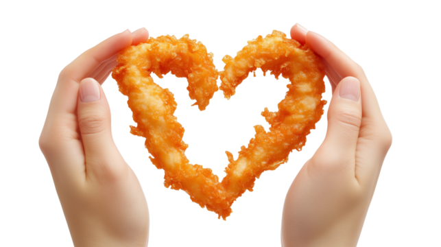 Hands holding deep-fried chicken strips in heart shape isolated on transparent background