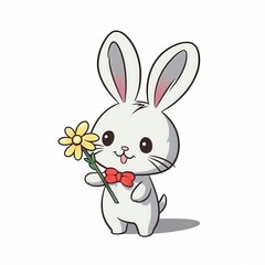 Fototapeta premium Cute cartoon rabbit holding a yellow flower, perfect for spring-themed designs.