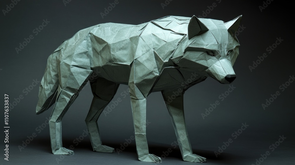 Poster a detailed origami representation of a wolf, showcasing intricate folds and structure.