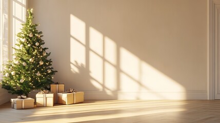 Fototapeta premium Sparkling Christmas gift boxes near fir tree with soft light in festive room