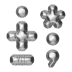 Punctuation marks: dot, comma, plus, minus or dash, asterisk. Isolated on a transparent background. An inflatable balloon of silver color with a glossy texture. Front view.