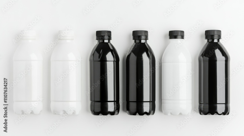 Poster set of black and white plastic bottles arranged on a white background, perfect for product display a