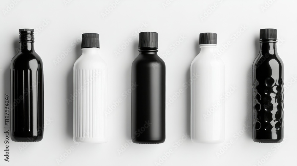 Poster Set of black and white plastic bottles arranged on a white backdrop, showcasing various shapes and sizes, with plenty of copy space for branding or text