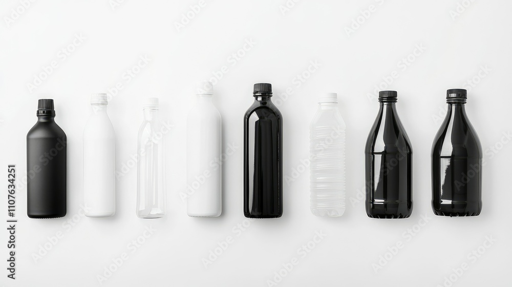 Poster Set of black and white plastic bottles arranged on a white backdrop, showcasing various shapes and sizes, with plenty of copy space for branding or text