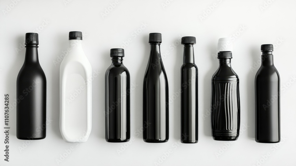 Poster set of black and white plastic bottles arranged on a white backdrop, showcasing various shapes and s