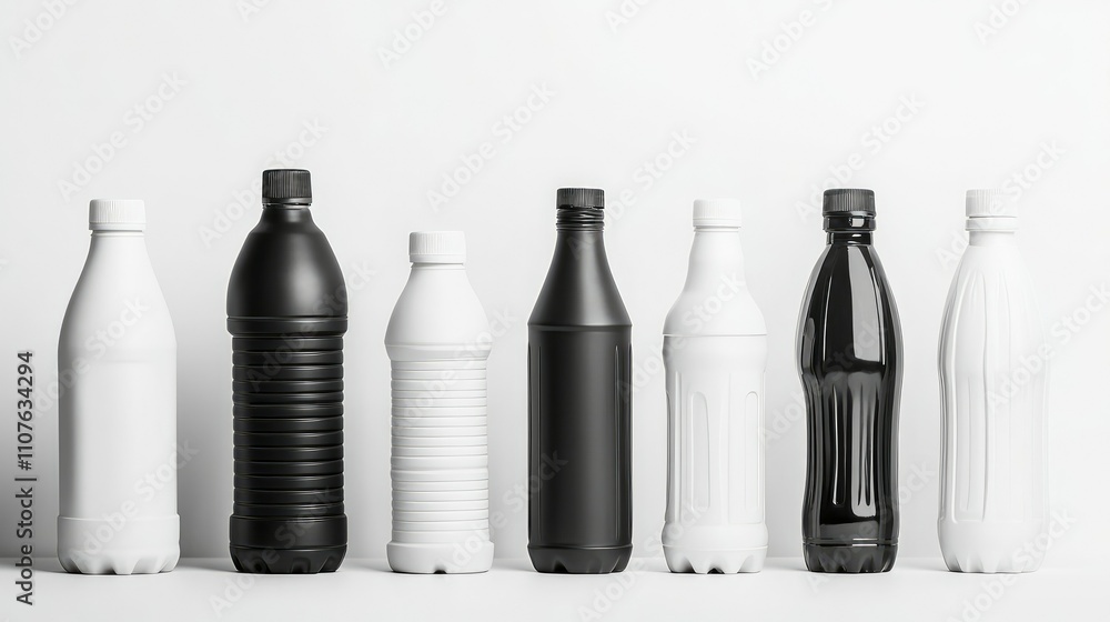 Poster Set of black and white plastic bottles isolated on a white background for product display, showcasing various shapes and sizes with ample space for branding