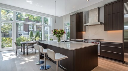 Fototapeta premium Modern kitchen with large windows, island, and dining area filled with natural light.