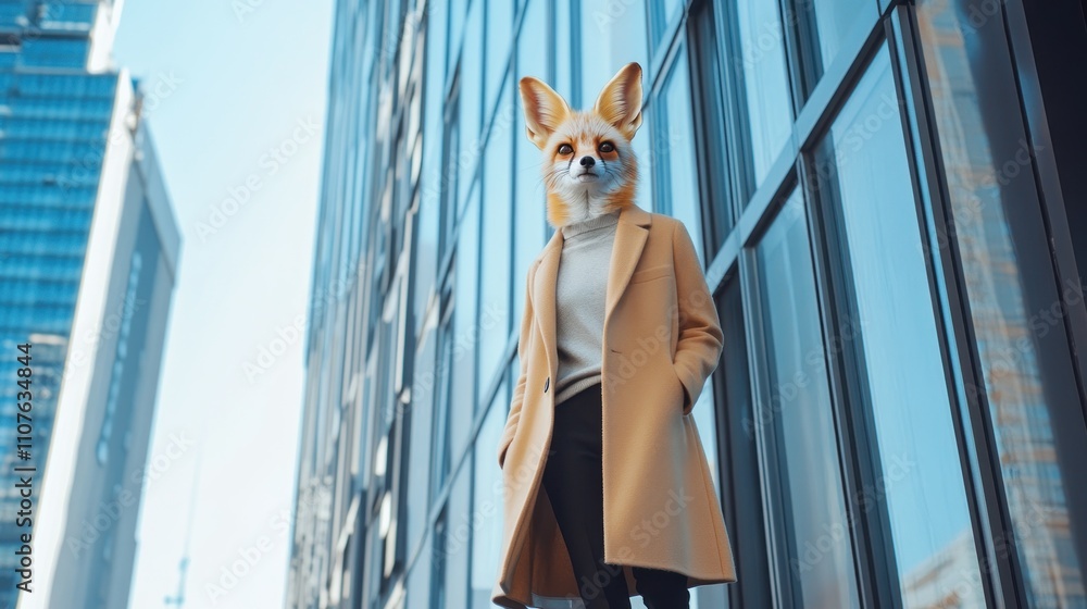 Aufkleber a person in a coat with a fox mask stands in an urban setting.