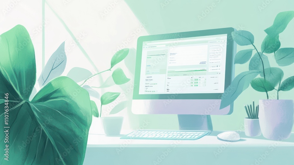Poster a serene workspace featuring a computer surrounded by indoor plants.