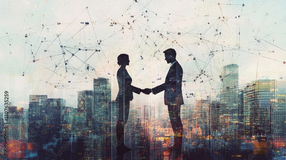 Aufkleber two business partners shaking hands with digital connections forming a web around them, against a ba