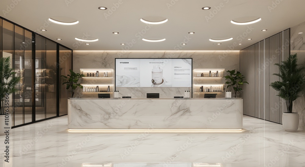 Poster Modern reception area with marble design and digital display for welcoming guests.