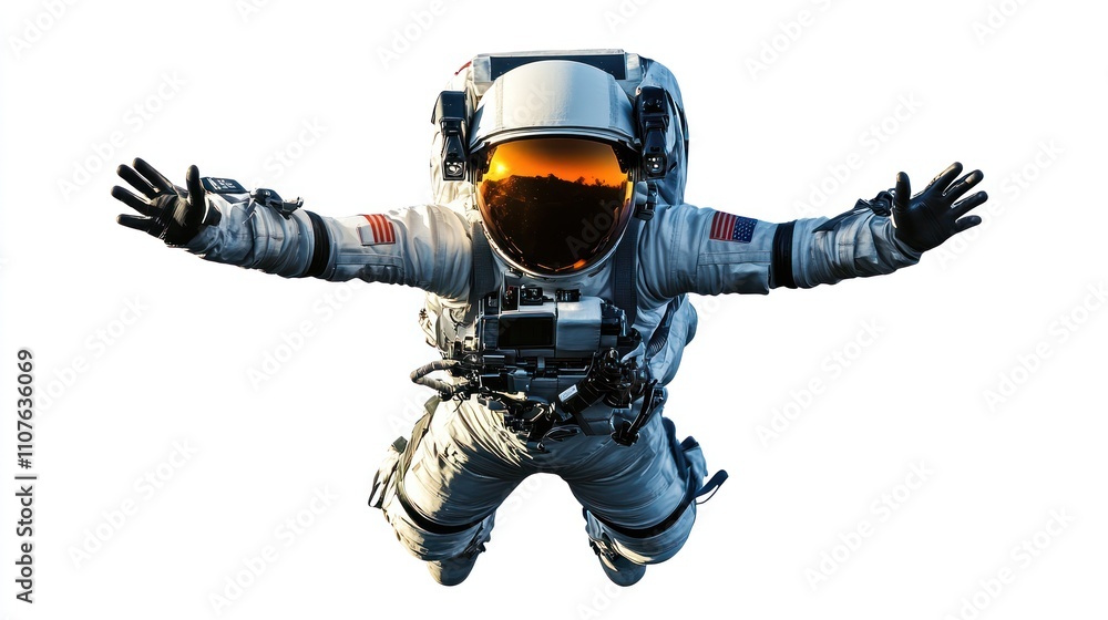Poster an astronaut in a space suit appears to be floating with arms outstretched against a white backgroun