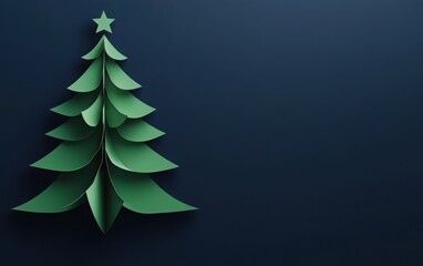 Obraz premium A minimalistic, high-quality 3D render of a green paper-cut Christmas tree against a dark blue background in a flat-lay perspective. 