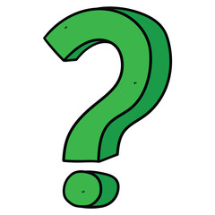 Hand drawn cartoon green question mark on white background.