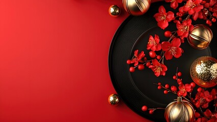 Red background decorated with red plum blossoms in black plate