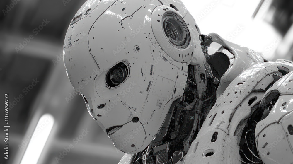 Poster monochrome robot portrait: a glimpse into the future of artificial intelligence