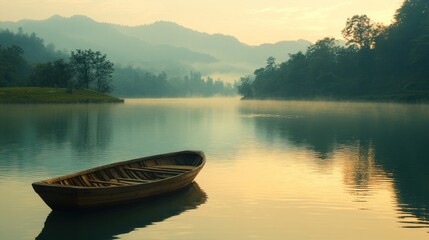 Obraz premium Serene Sunrise: A Wooden Rowboat on a Misty Lake