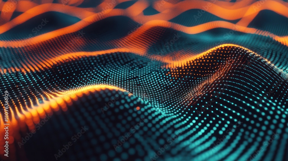 Aufkleber Abstract digital landscape with glowing waves and dots, representing data visualization.
