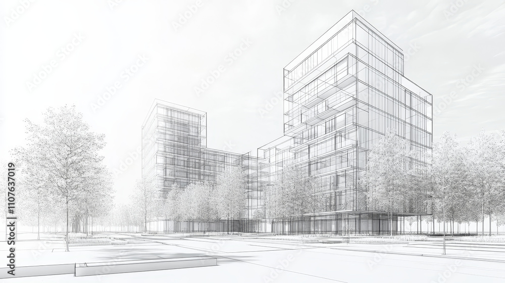 Poster wireframe of mixed use development featuring residential and commercial spaces, surrounded by
