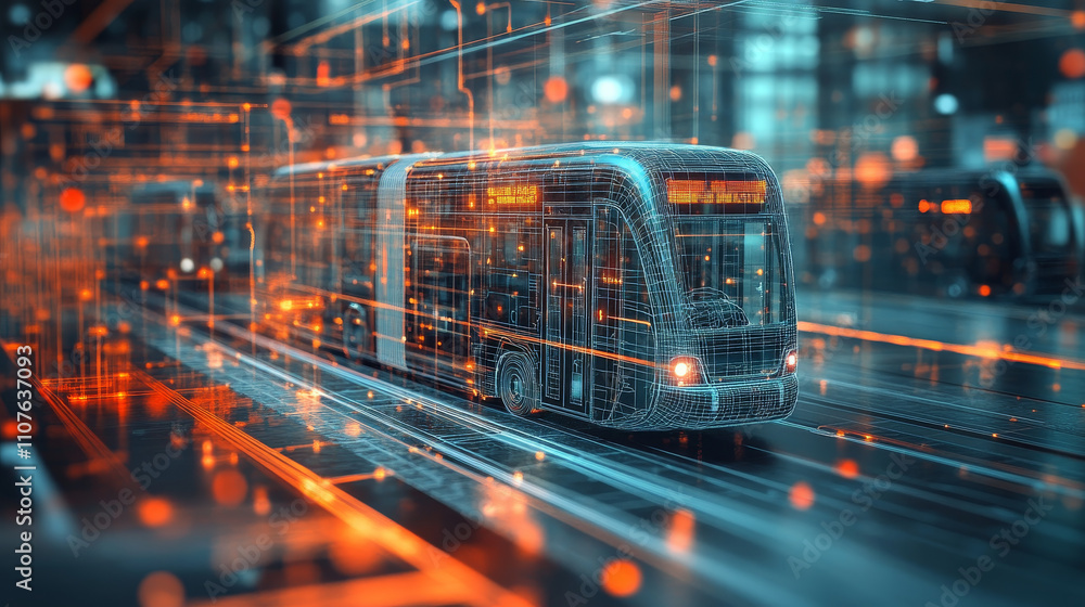 Poster wireframe public transportation system showcasing futuristic bus design