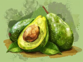 Organic Avocado with Smooth Green Skin and Slice.