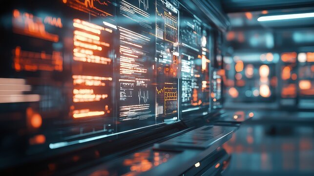 Data center server room features glowing orange and blue holographic interface displays. - Powered by Adobe
