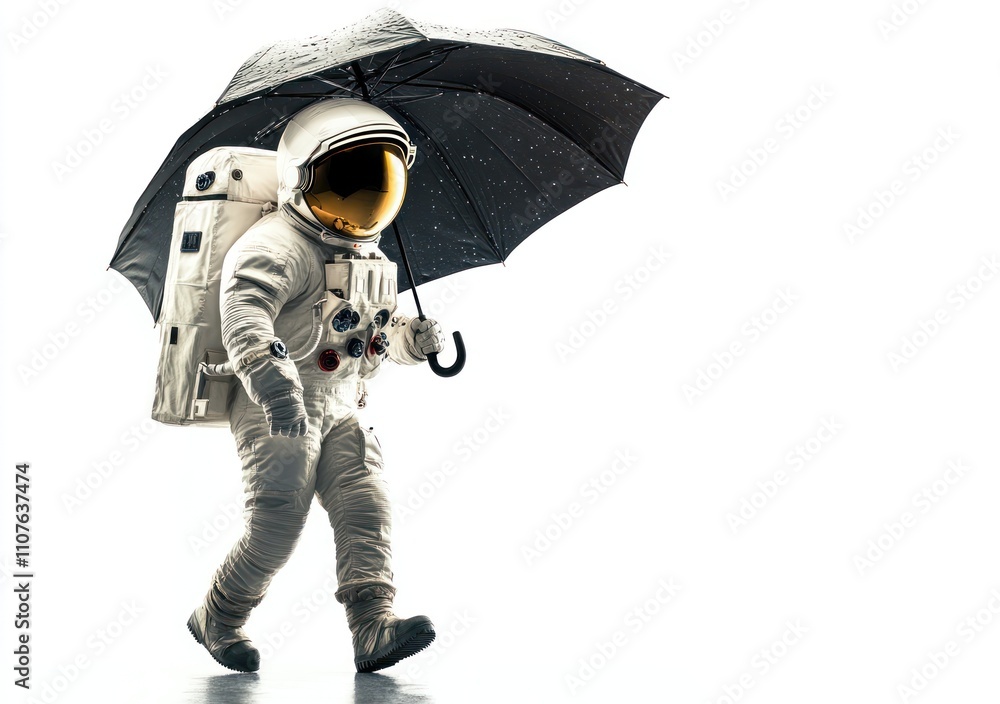 Poster an astronaut walks with an umbrella, blending space exploration with everyday life.