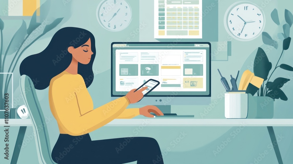Poster A woman using a smartphone while working on a computer in a modern workspace.