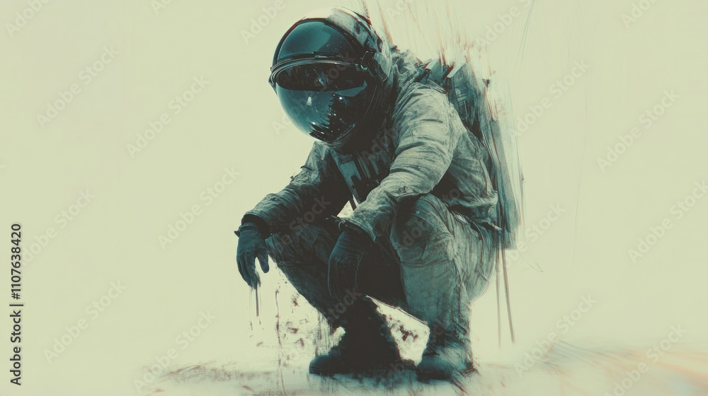 Poster An astronaut crouches in a surreal, abstract environment, evoking themes of exploration and isolation.
