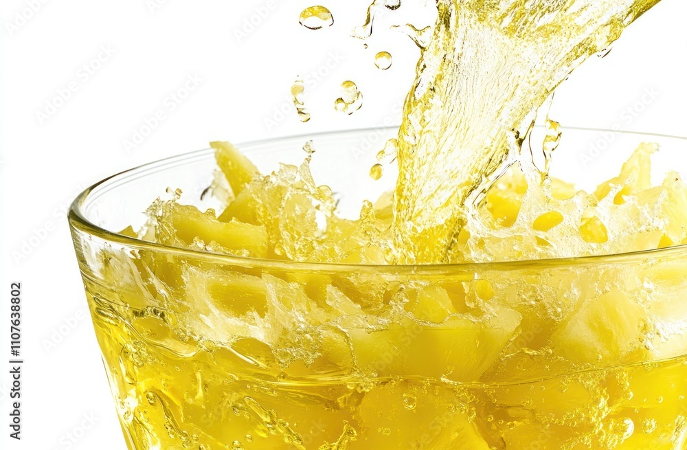 Poster a refreshing drink with pineapple chunks splashing in a glass.
