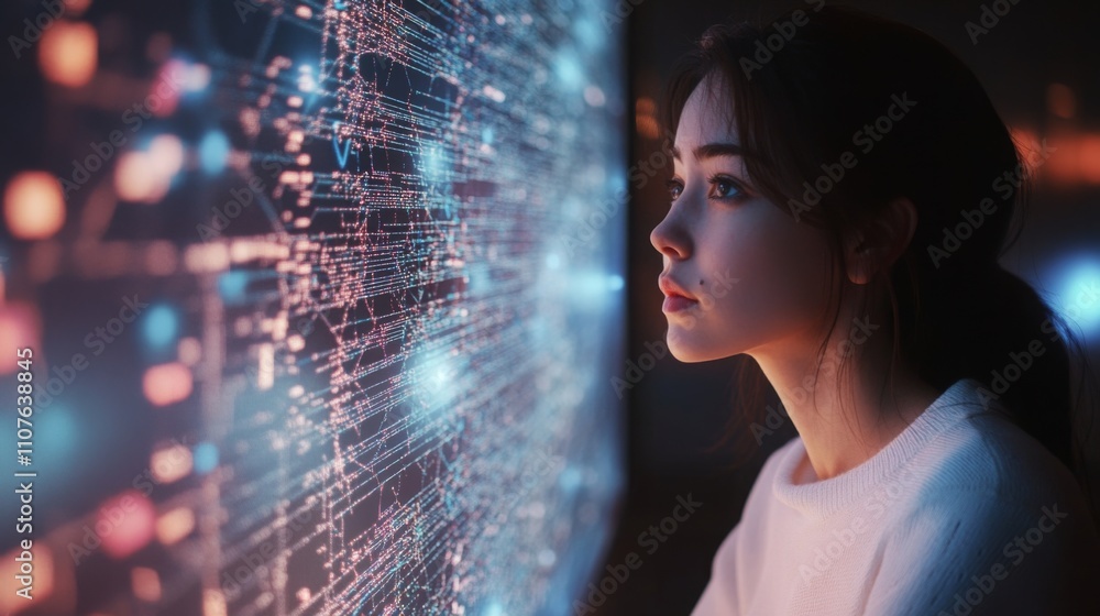 Poster A woman intently studies a complex data visualization featuring interconnected nodes and bright colors. She is situated in a contemporary workspace, surrounded by technology and innovation.