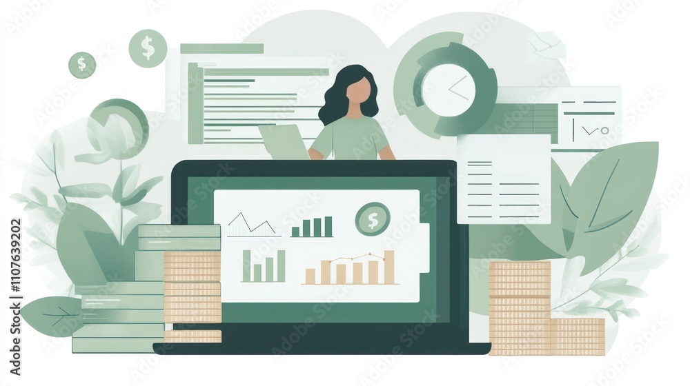 Aufkleber a digital workspace featuring financial data and analytics with a person and greenery.