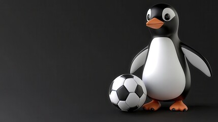 Fototapeta premium A cute cartoon penguin stands beside a soccer ball against a dark background, combining elements of fun and sports.