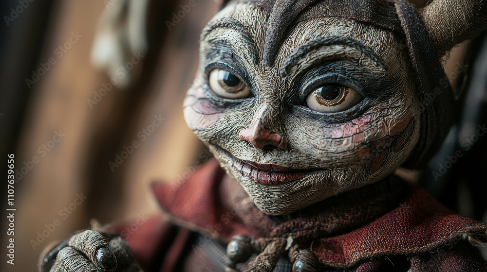 Poster enigmatic creature figurine with intricate details and expressive features captured in close-up