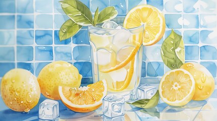 Refreshing Lemon Water in a Glass with Ice Cubes.