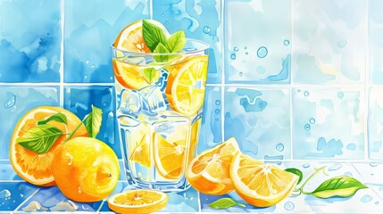 Refreshing Lemon Water in a Glass with Ice Cubes.