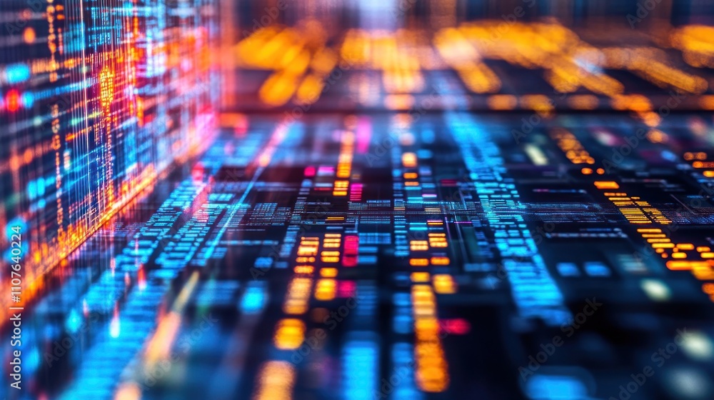 Poster abstract digital circuitry with vibrant colors representing data flow and technology.