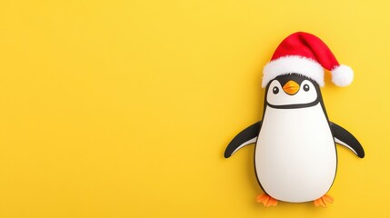 Obraz premium A cheerful penguin toy wearing a Santa hat against a bright yellow background, capturing a festive holiday spirit.