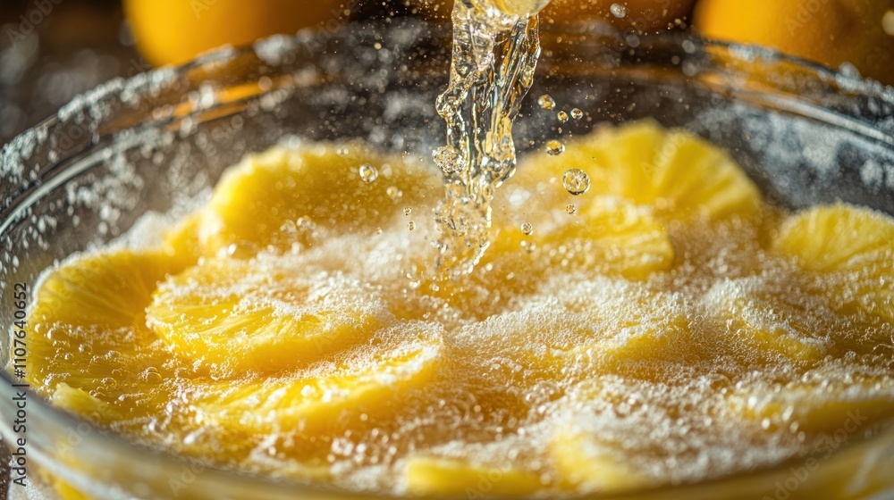 Poster Slices of pineapple in a bowl with water splashing, creating a refreshing scene.