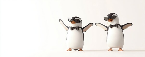 Fototapeta premium Two playful penguins wearing sunglasses and bow ties, striking a fun pose against a minimalist background.