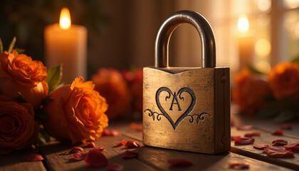 Engraved love lock with initials on candlelit table, romantic keepsake concept, roses and petals