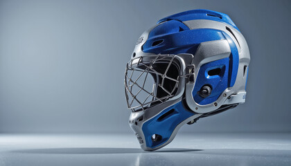 Fototapeta premium Modern ice hockey helmet in blue and silver, sport gear for winter sports, studio background, copy space