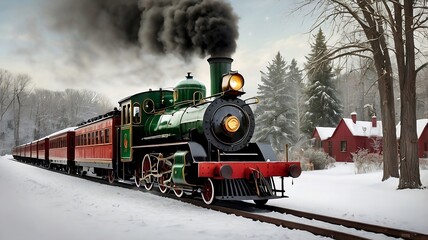 Steam Train in Winter Forest with Falling Snowflakes